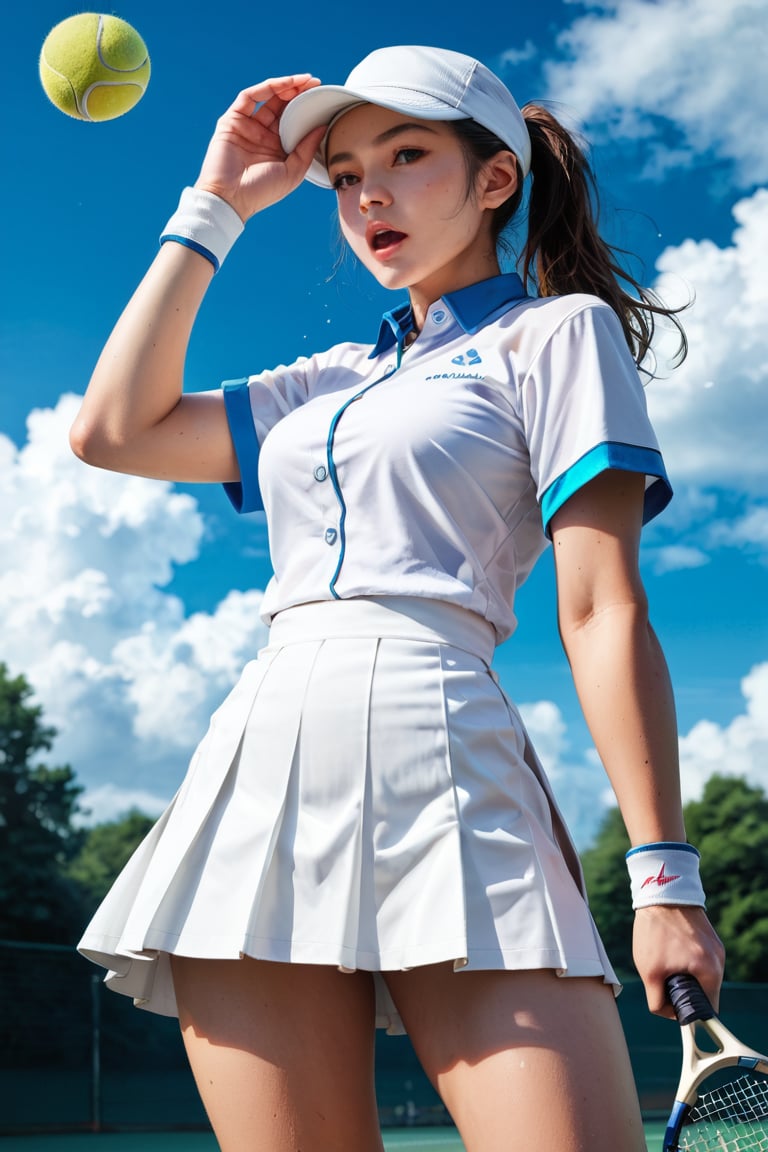 score_9, score_8_up, score_7_up, score_6_up, BREAK source_anime, 1girl, ball, blue sky, cloud, cloudy sky, cowboy shot, hand up, hat, looking at viewer, looking to the side, open mouth, outdoors, playing sports, racket, shirt, short sleeves, skirt, solo, sportswear, tennis ball, tennis racket, tennis uniform, white hat, white shirt, white skirt, white sleeves