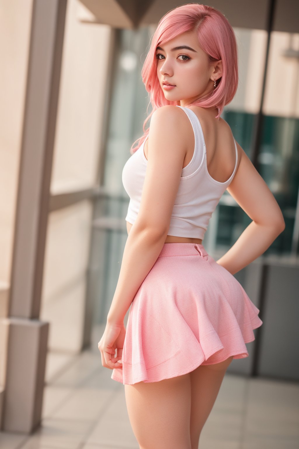 girl, Ultra quality, realistic, high res definition, ultra photorealistic ultra detailed, RAW picture, cute girl, pink skirt, short deepneck top, thick thighs, ass, full body posing, white sneakers, thighs, pink hairs, long_legs, thick_thighs, big_thighs, standind_pose