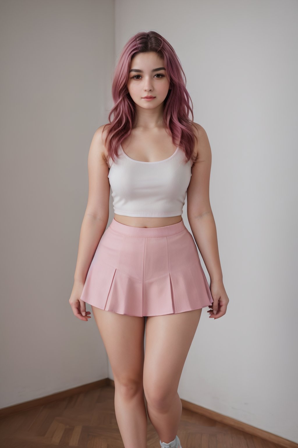 1girl, Ultra quality, realistic, high res definition, ultra photorealistic ultra detailed, RAW picture, cute girl, pink skirt, short deepneck top, thick thighs, ass, full body posing, white sneakers, thighs, pink hairs, long_legs, thick_thighs, big_thighs, standind_pose
