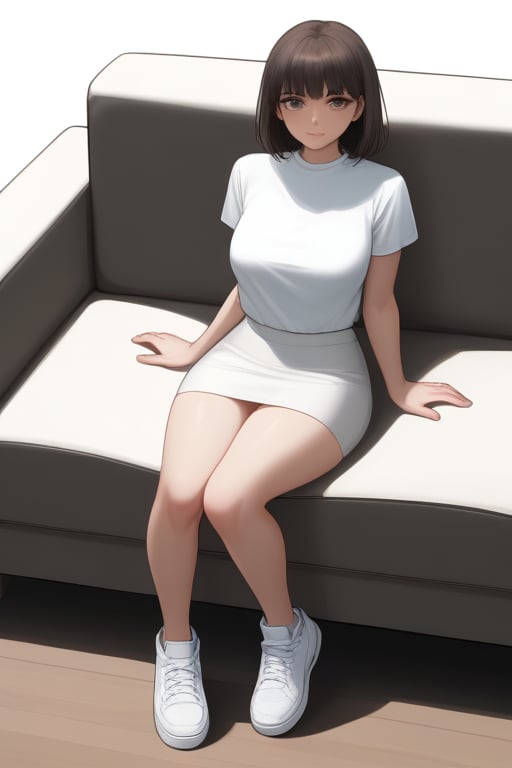 A close-up full body shot of a single teenage adult female sitting on a couch, wearing a short and playful outfit consisting of a white skirt and a matching short-top and white sneakers. Her porcelain-white skin glows in the soft, warm lighting, accentuating her youthful features. The camera frames her from directly above, highlighting the simplicity yet elegance of her attire. She has moderately large boobs (breast) and thick thighs that are visible in the scene. Her full body is visible in scene.