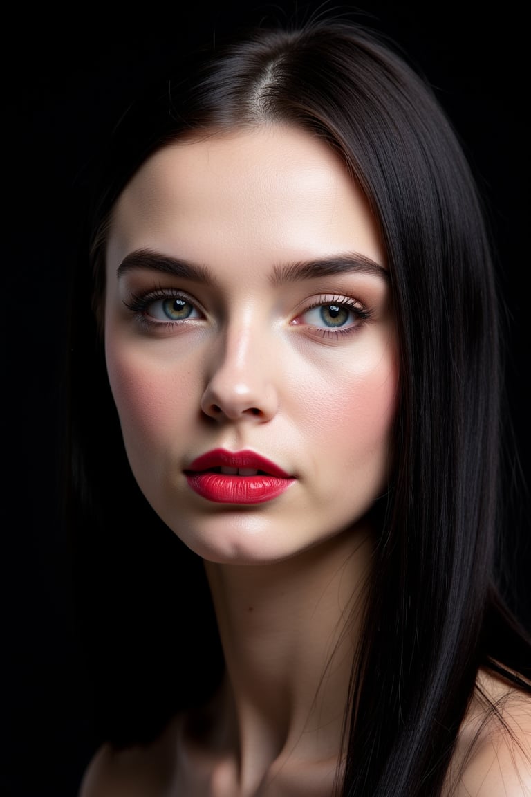  woman 25 years old, long straight hair, thick hair, detailed face, long eyelashes, detailed eyes, red cheeks, glossy skin, elegant woman, healthy skin tone, pretty and beauty woman face marks, (insane beauty woman marks:1.3), pale snow white skin tone, black hair, blue green eyes, rossy cheeks, naturally red lips, 
looking aside, light reflecting hair, (naturally pale white skin:1.3), 
dark background, 
detailed, quality, professional camera photo, spotlight, photo session, dramatic lighting on face, 
face close-up, 