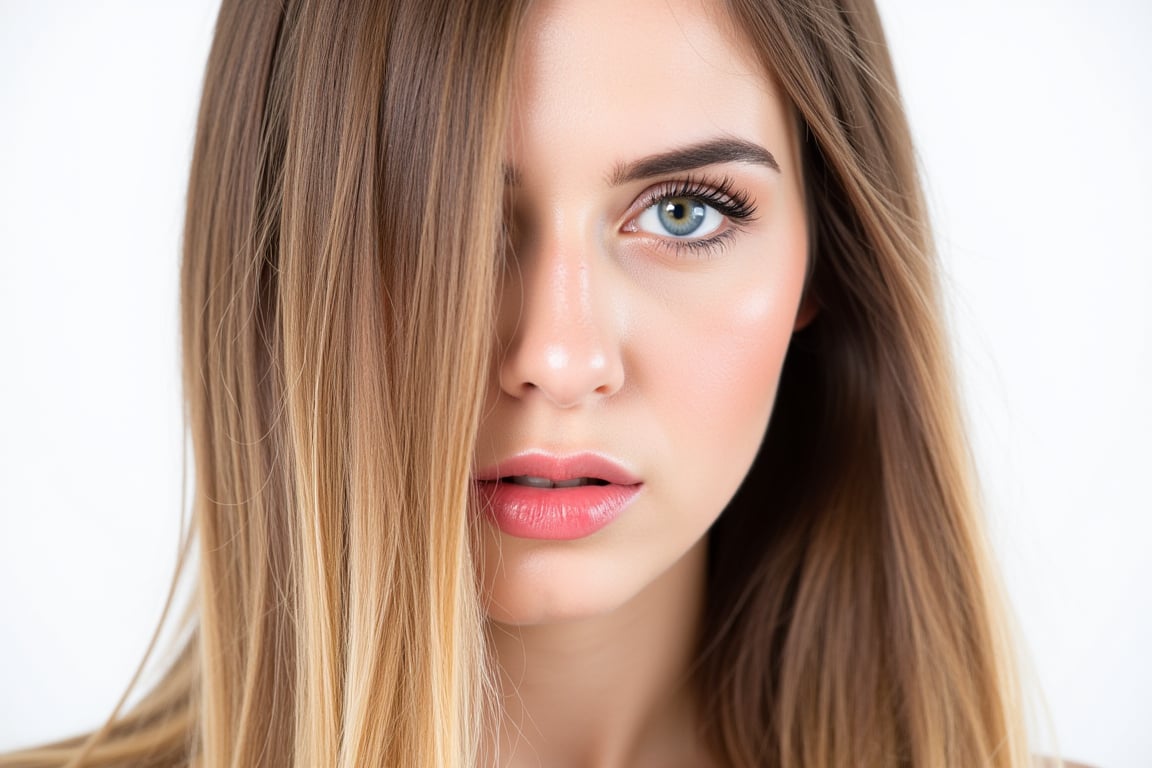  woman 25 years old, long straight hair, thick hair, detailed face, long eyelashes, detailed eyes, red cheeks, glossy skin, elegant woman, healthy skin tone, pretty and beauty woman face marks, pale snow white skin tone, blue green eyes, little light makeup, hair covering one eye, 
looking aside, 
white background, 
detailed, quality, professional camera photo, spotlight, photo session, dramatic lighting on face, 
face close-up, 