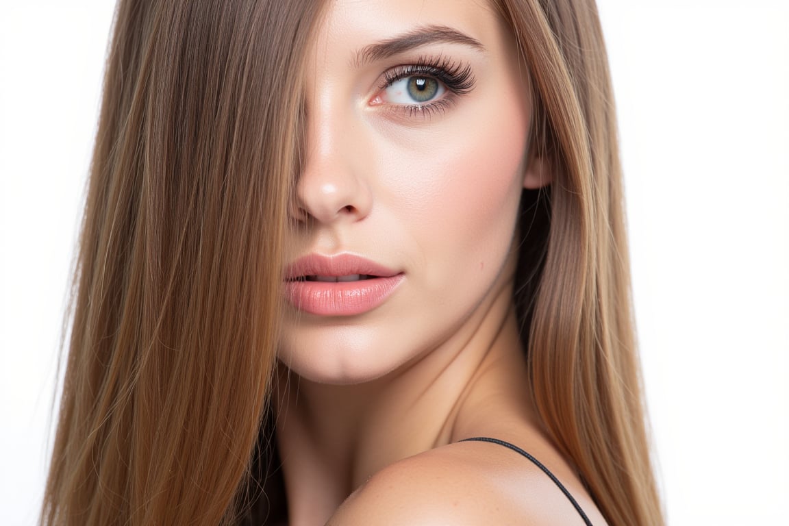  woman 25 years old, long straight hair, thick hair, detailed face, long eyelashes, detailed eyes, red cheeks, glossy skin, elegant woman, healthy skin tone, pretty and beauty woman face marks, pale snow white skin tone, blue green eyes, little light makeup, hair covering one eye, 
looking aside, 
white background, 
detailed, quality, professional camera photo, spotlight, photo session, dramatic lighting on face, 
face close-up, 