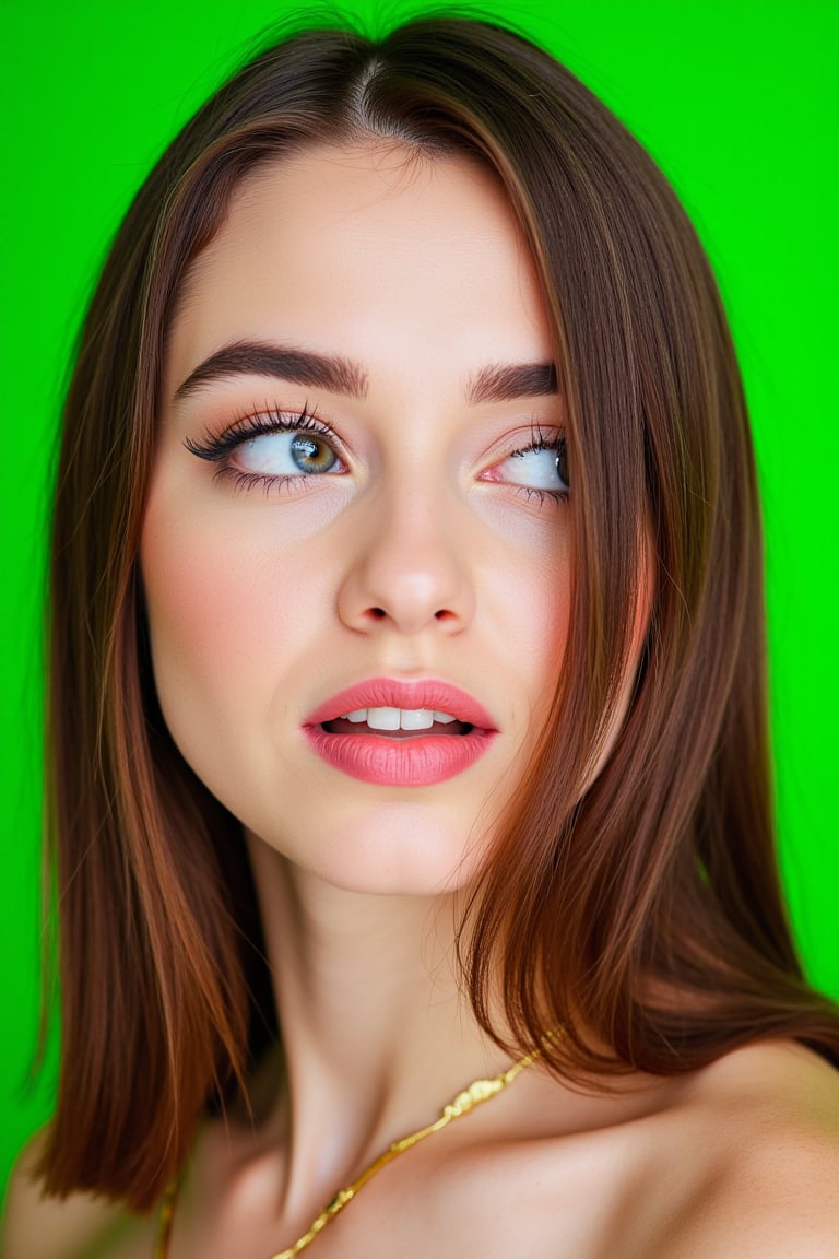  woman 25 years old, long straight hair, thick hair, detailed face, long eyelashes, detailed eyes, red cheeks, glossy skin, elegant woman, healthy skin tone, pretty and beauty woman face marks, pale snow white skin tone, blue green eyes, little light makeup, hair covering one eye, 
looking aside, 
(wearing golden accessories:1.3), 
bright green background, white lighting on face, 
detailed, quality, professional camera photo, spotlight, photo session, dramatic lighting on face, 
face close-up, 