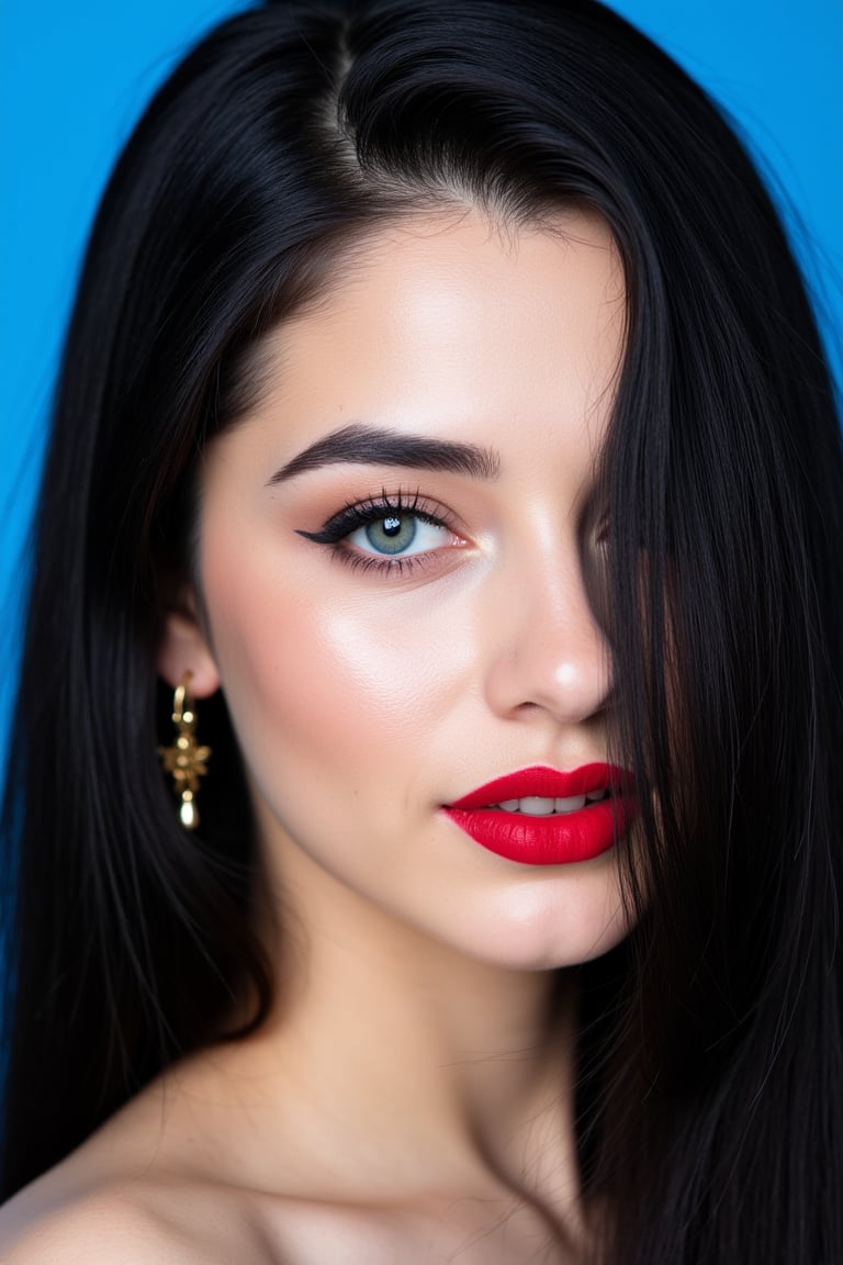  woman 25 years old, long straight hair, thick hair, detailed face, long eyelashes, detailed eyes, red cheeks, glossy skin, elegant woman, healthy skin tone, pretty and beauty woman face marks, pale snow white skin tone, blue green eyes, little light makeup, hair covering one eye, black hair, 
looking aside, 
(wearing golden accessories:1.3), 
hot saturated blue background, white lighting on face, 
detailed, quality, professional camera photo, spotlight, photo session, dramatic lighting on face, 
face close-up, 