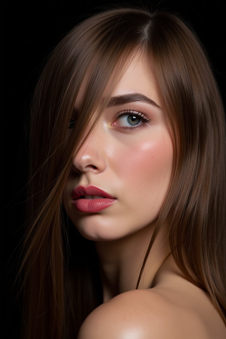  woman 25 years old, long straight hair, thick hair, detailed face, long eyelashes, detailed eyes, red cheeks, glossy skin, elegant woman, healthy skin tone, pretty and beauty woman face marks, pale snow white skin tone, blue green eyes, little light makeup, hair covering one eye, 
looking aside, 
dark background, 
detailed, quality, professional camera photo, spotlight, photo session, dramatic lighting on face, 
face close-up, 