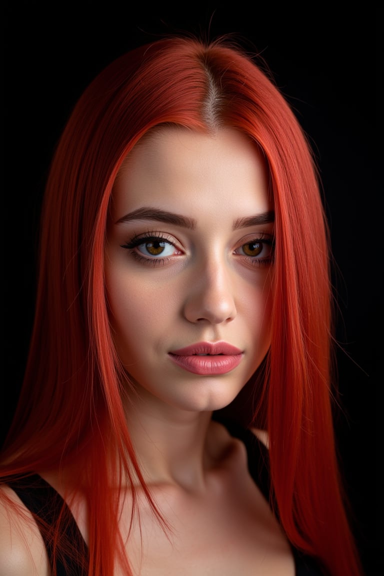  woman 25 years old, long straight hair, red color hair, thick hair, detailed face, long eyelashes, detailed eyes, red cheeks, glossy skin, elegant woman, healthy skin tone, pretty and beauty woman face marks, (insane beauty woman marks:1.3), pale snow white skin tone, black hair, blue green eyes, little light makeup, hair covering one eye, 
looking aside, 
dark background, 
detailed, quality, professional camera photo, spotlight, photo session, dramatic lighting on face, 
face close-up, 