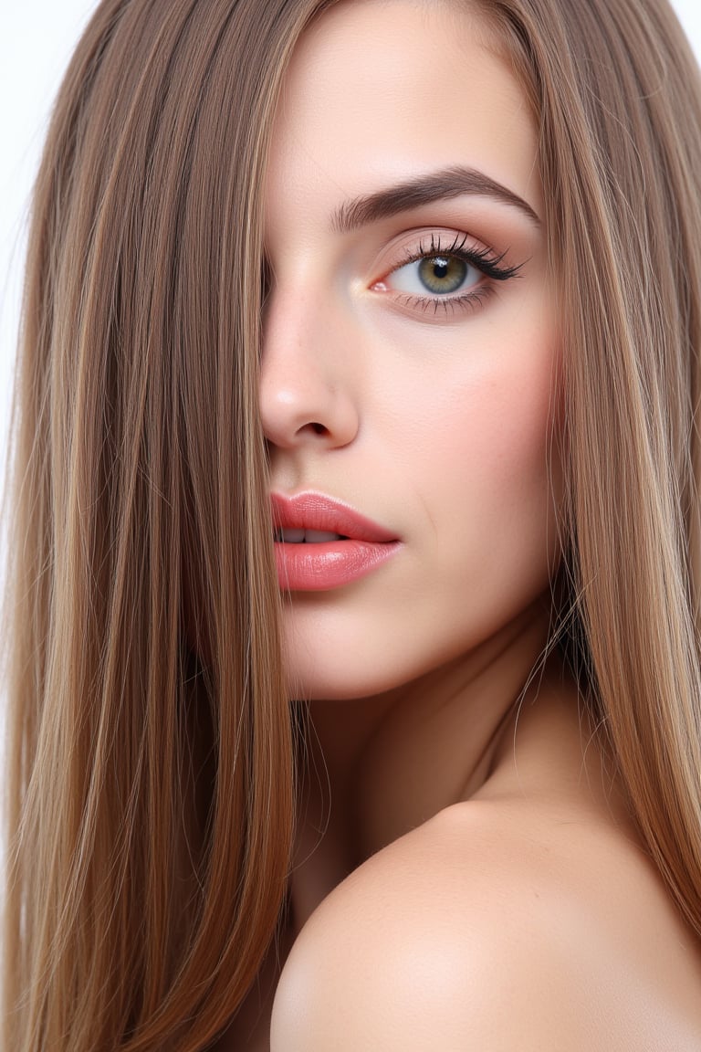  woman 25 years old, long straight hair, thick hair, detailed face, long eyelashes, detailed eyes, red cheeks, glossy skin, elegant woman, healthy skin tone, pretty and beauty woman face marks, pale snow white skin tone, blue green eyes, little light makeup, hair covering one eye, 
looking aside, 
white background, 
detailed, quality, professional camera photo, spotlight, photo session, dramatic lighting on face, 
face close-up, 