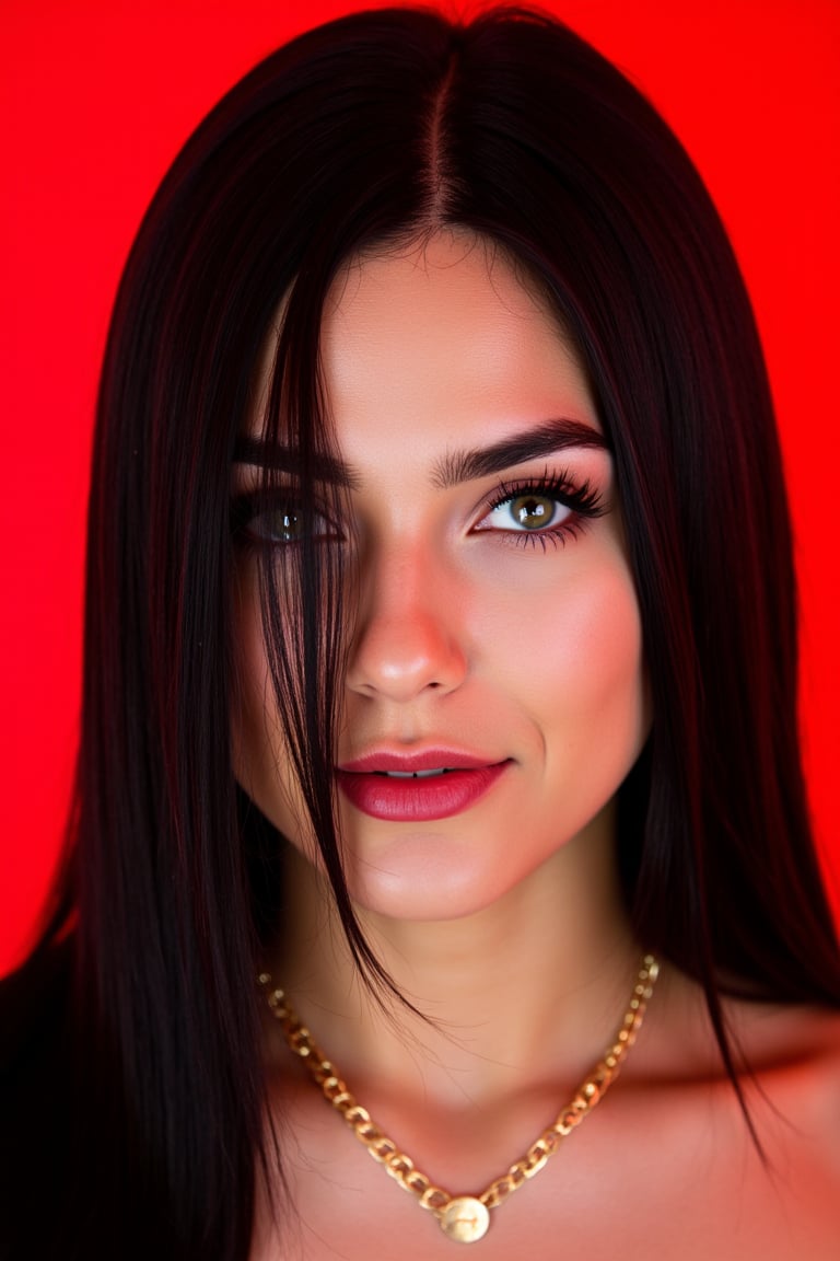  woman 25 years old, long straight hair, thick hair, detailed face, long eyelashes, detailed eyes, red cheeks, glossy skin, elegant woman, healthy skin tone, pretty and beauty woman face marks, pale snow white skin tone, blue green eyes, little light makeup, hair covering one eye, black hair, 
looking aside, 
(wearing golden accessories:1.3), 
bright red background, white lighting on face, 
detailed, quality, professional camera photo, spotlight, photo session, dramatic lighting on face, 
face close-up, 