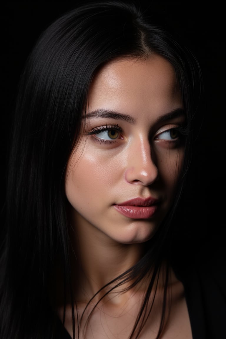  woman 25 years old, long straight hair, thick hair, detailed face, long eyelashes, detailed eyes, red cheeks, glossy skin, elegant woman, healthy skin tone, pretty and beauty woman face marks, (insane beauty woman marks:1.3), pale snow white skin tone, black hair, blue green eyes, little light makeup, hair covering one eye, 
looking aside, 
dark background, 
detailed, quality, professional camera photo, spotlight, photo session, dramatic lighting on face, 
face close-up, 