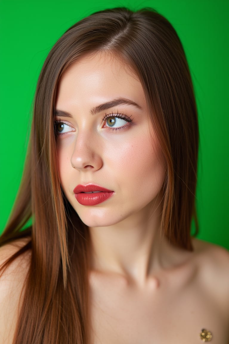  woman 25 years old, long straight hair, thick hair, detailed face, long eyelashes, detailed eyes, red cheeks, glossy skin, elegant woman, healthy skin tone, pretty and beauty woman face marks, pale snow white skin tone, blue green eyes, little light makeup, hair covering one eye, 
looking aside, 
(wearing golden accessories:1.3), 
bright green background, white lighting on face, 
detailed, quality, professional camera photo, spotlight, photo session, dramatic lighting on face, 
face close-up, 