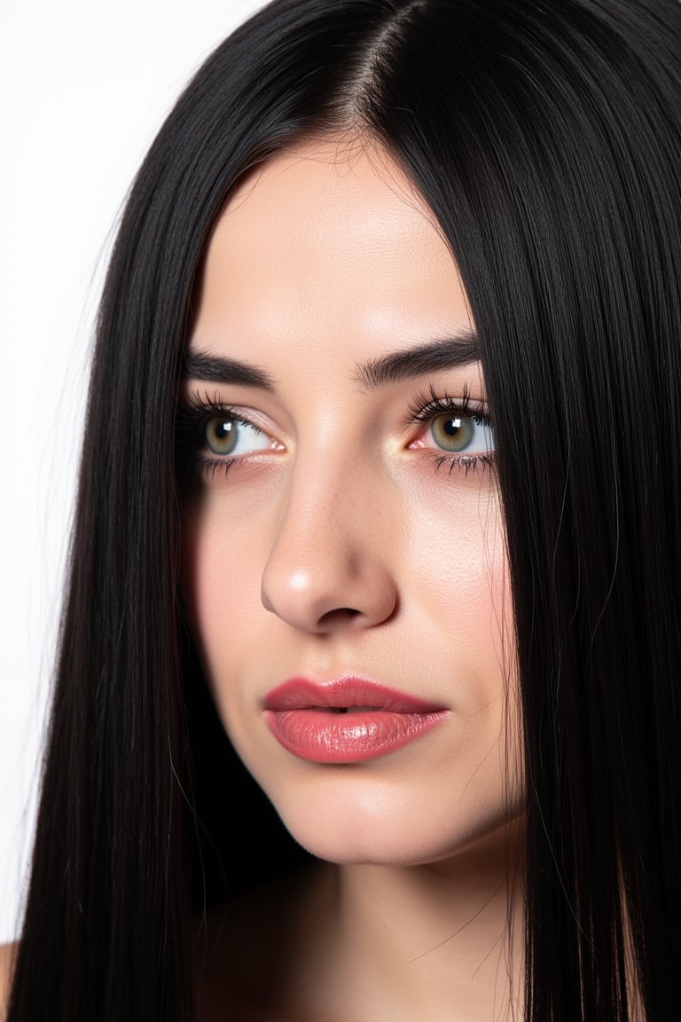  woman 25 years old, long straight hair, thick hair, detailed face, long eyelashes, detailed eyes, red cheeks, glossy skin, elegant woman, healthy skin tone, pretty and beauty woman face marks, pale snow white skin tone, blue green eyes, little light makeup, hair covering one eye, black hair, 
looking aside, 
white background, 
detailed, quality, professional camera photo, spotlight, photo session, dramatic lighting on face, 
face close-up, 