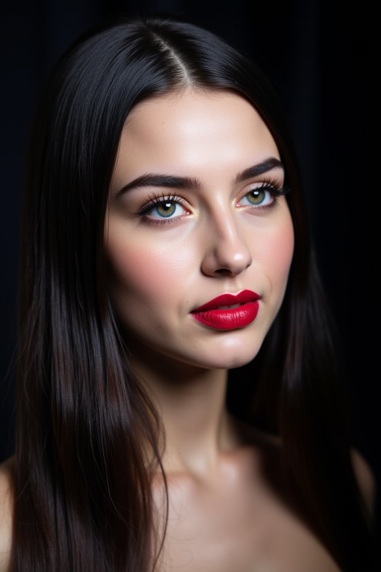  woman 25 years old, long straight hair, thick hair, detailed face, long eyelashes, detailed eyes, red cheeks, glossy skin, elegant woman, healthy skin tone, pretty and beauty woman face marks, (insane beauty woman marks:1.3), pale snow white skin tone, black hair, blue green eyes, rossy cheeks, naturally red lips, 
looking aside, light reflecting hair, (naturally pale white skin:1.3), 
dark background, 
detailed, quality, professional camera photo, spotlight, photo session, dramatic lighting on face, 
face close-up, 