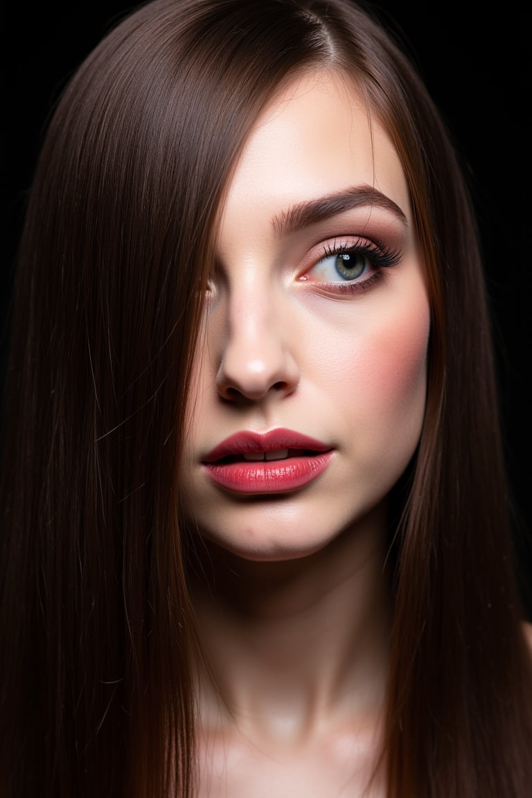  woman 25 years old, long straight hair, thick hair, detailed face, long eyelashes, detailed eyes, red cheeks, glossy skin, elegant woman, healthy skin tone, pretty and beauty woman face marks, pale snow white skin tone, blue green eyes, little light makeup, hair covering one eye, 
looking aside, 
dark background, 
detailed, quality, professional camera photo, spotlight, photo session, dramatic lighting on face, 
face close-up, 