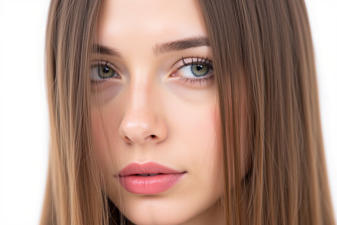  woman 25 years old, long straight hair, thick hair, detailed face, long eyelashes, detailed eyes, red cheeks, glossy skin, elegant woman, healthy skin tone, pretty and beauty woman face marks, pale snow white skin tone, blue green eyes, little light makeup, hair covering one eye, 
looking aside, 
white background, 
detailed, quality, professional camera photo, spotlight, photo session, dramatic lighting on face, 
face close-up, 