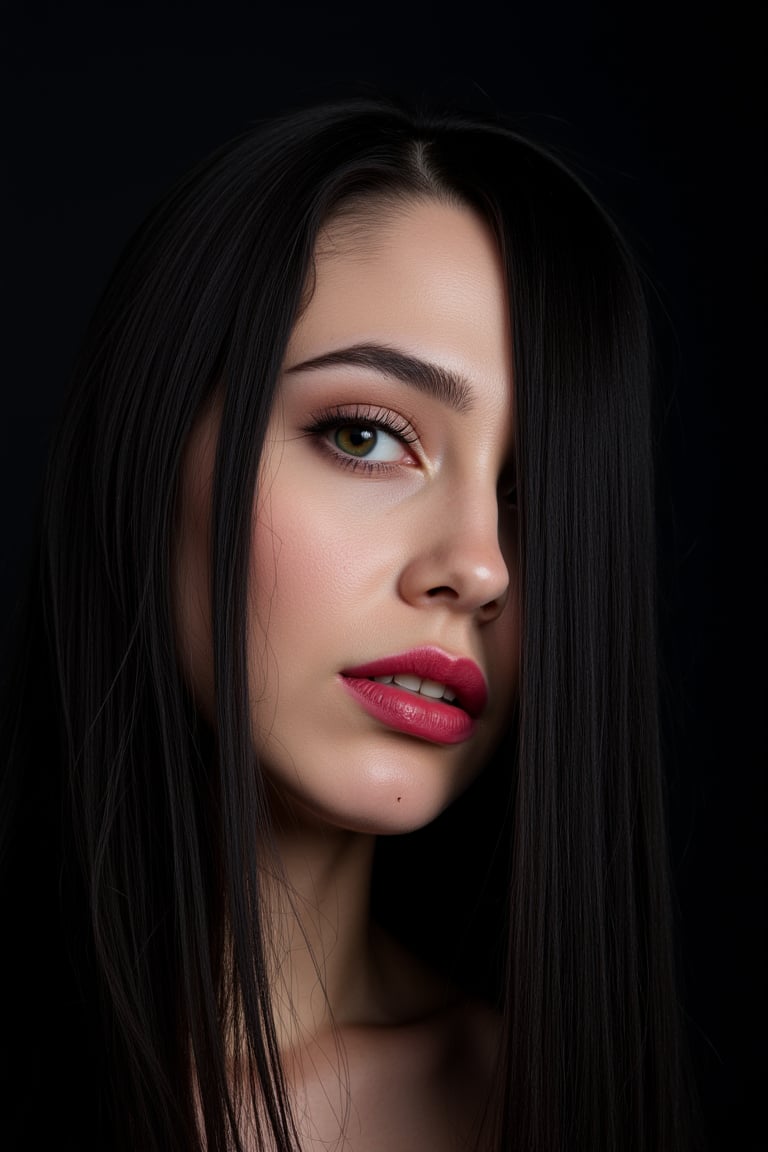  woman 25 years old, long straight hair, thick hair, detailed face, long eyelashes, detailed eyes, red cheeks, glossy skin, elegant woman, healthy skin tone, pretty and beauty woman face marks, (insane beauty woman marks:1.3), pale snow white skin tone, black hair, blue green eyes, little light makeup, hair covering one eye, 
looking aside, 
dark background, 
detailed, quality, professional camera photo, spotlight, photo session, dramatic lighting on face, 
face close-up, 