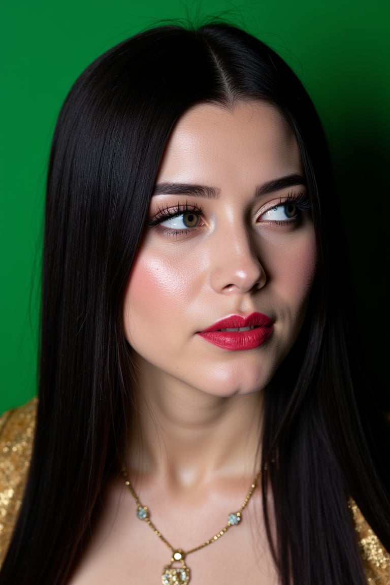  woman 25 years old, long straight hair, thick hair, detailed face, long eyelashes, detailed eyes, red cheeks, glossy skin, elegant woman, healthy skin tone, pretty and beauty woman face marks, pale snow white skin tone, blue green eyes, little light makeup, hair covering one eye, black hair, 
looking aside, 
(wearing golden accessories:1.3), 
hot saturated green background, white lighting on face, 
detailed, quality, professional camera photo, spotlight, photo session, dramatic lighting on face, 
face close-up, 