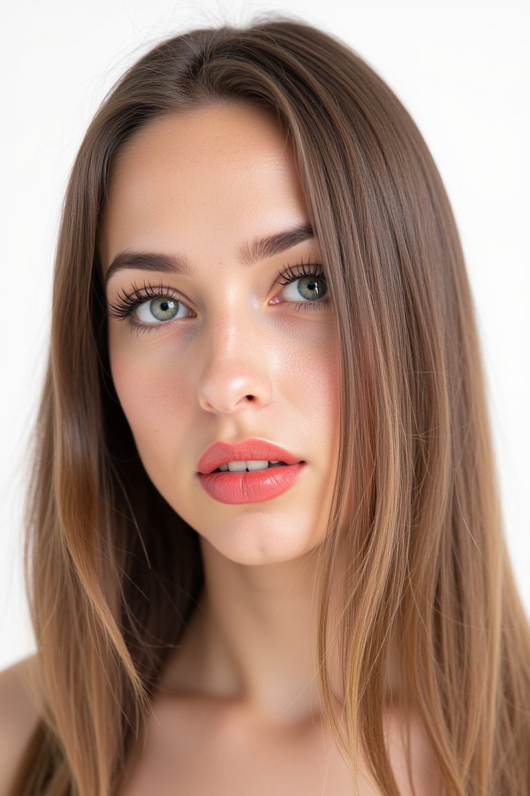  woman 25 years old, long straight hair, thick hair, detailed face, long eyelashes, detailed eyes, red cheeks, glossy skin, elegant woman, healthy skin tone, pretty and beauty woman face marks, pale snow white skin tone, blue green eyes, little light makeup, hair covering one eye, 
looking aside, 
white background, 
detailed, quality, professional camera photo, spotlight, photo session, dramatic lighting on face, 
face close-up, 