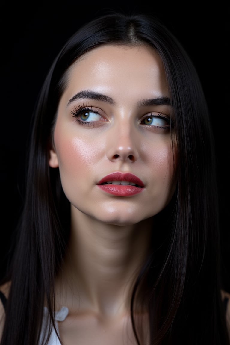  woman 25 years old, long straight hair, thick hair, detailed face, long eyelashes, detailed eyes, red cheeks, glossy skin, elegant woman, healthy skin tone, pretty and beauty woman face marks, (insane beauty woman marks:1.3), pale snow white skin tone, black hair, blue green eyes, rossy cheeks, naturally red lips, 
looking aside, light reflecting hair, (naturally pale white skin:1.3), 
dark background, 
detailed, quality, professional camera photo, spotlight, photo session, dramatic lighting on face, 
face close-up, 