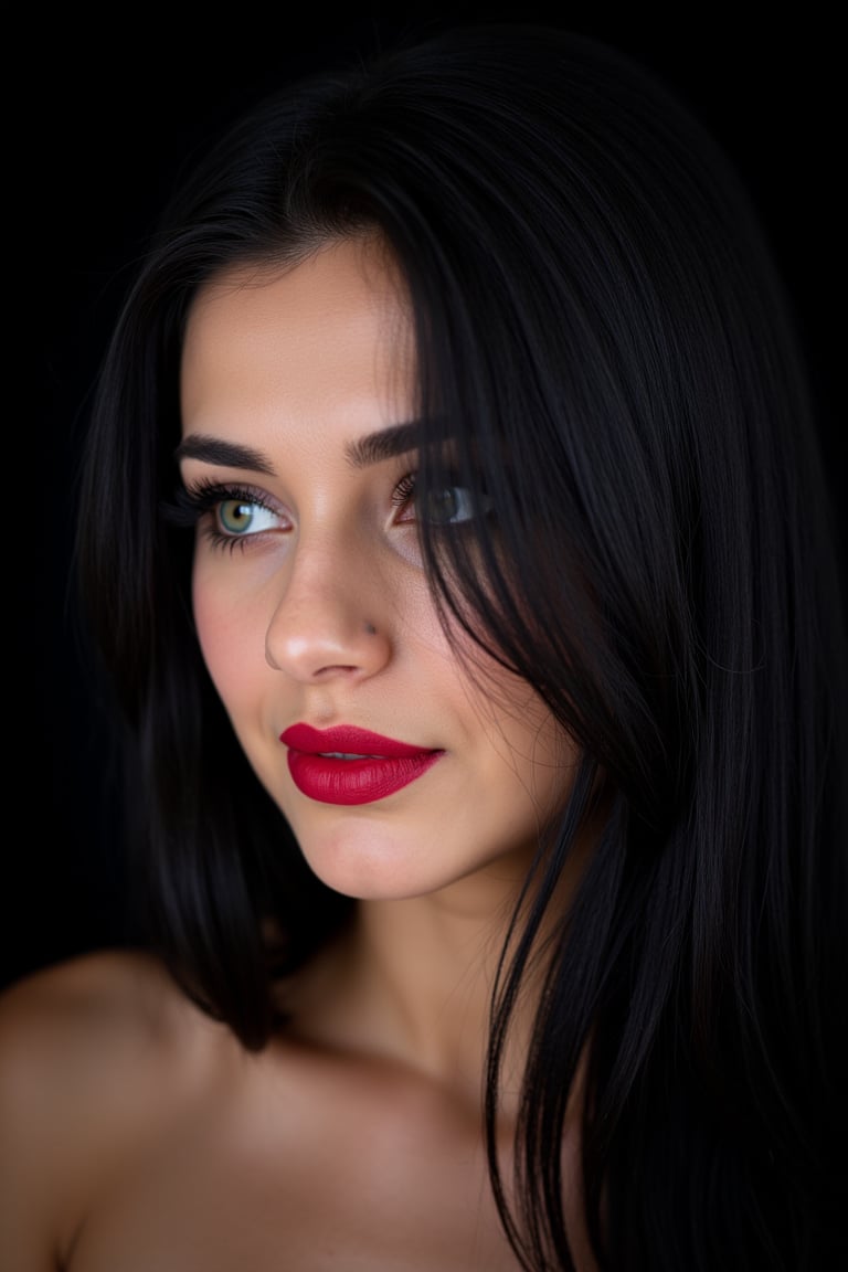  woman 25 years old, long straight hair, thick hair, detailed face, long eyelashes, detailed eyes, red cheeks, glossy skin, elegant woman, healthy skin tone, pretty and beauty woman face marks, (insane beauty woman marks:1.3), pale snow white skin tone, black hair, blue green eyes, little makeup, hair over one eye, 
looking aside, 
dark background, 
detailed, quality, professional camera photo, spotlight, photo session, dramatic lighting on face, 
face close-up, 