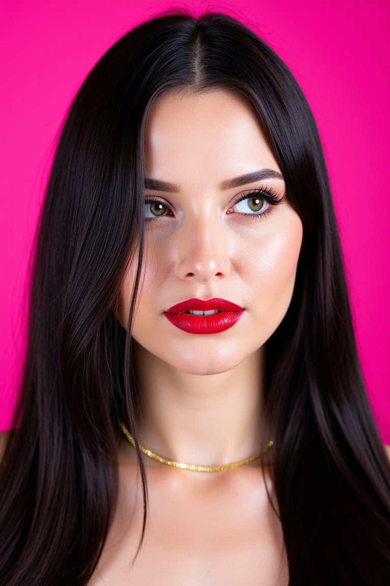  woman 25 years old, long straight hair, thick hair, detailed face, long eyelashes, detailed eyes, red cheeks, glossy skin, elegant woman, healthy skin tone, pretty and beauty woman face marks, pale snow white skin tone, blue green eyes, little light makeup, hair covering one eye, black hair, 
looking aside, 
(wearing golden accessories:1.3), 
hot saturated pink background, white lighting on face, 
detailed, quality, professional camera photo, spotlight, photo session, dramatic lighting on face, 
face close-up, 