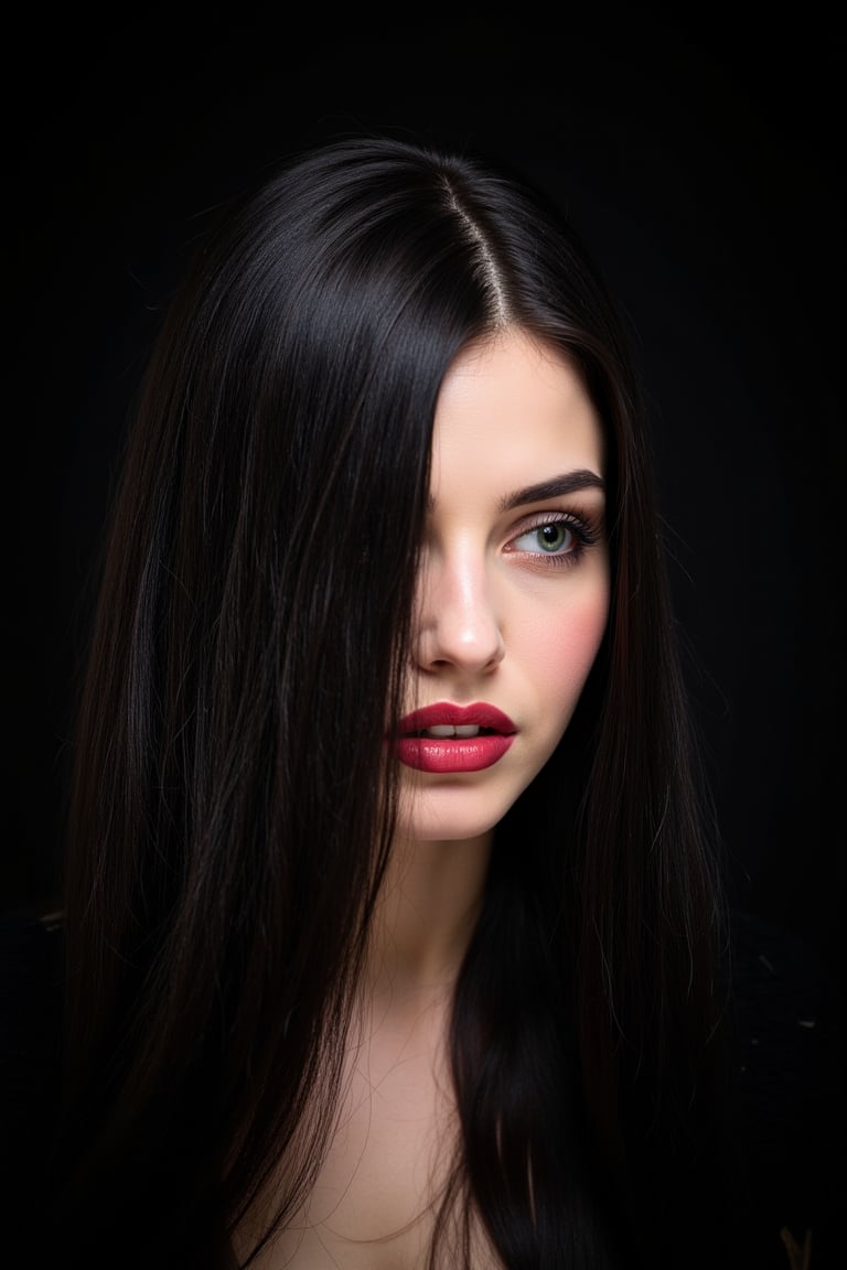  woman 25 years old, long straight hair, thick hair, detailed face, long eyelashes, detailed eyes, red cheeks, glossy skin, elegant woman, healthy skin tone, pretty and beauty woman face marks, (insane beauty woman marks:1.3), pale snow white skin tone, black hair, blue green eyes, little light makeup, hair covering one eye, 
looking aside, 
dark background, 
detailed, quality, professional camera photo, spotlight, photo session, dramatic lighting on face, 
face close-up, 