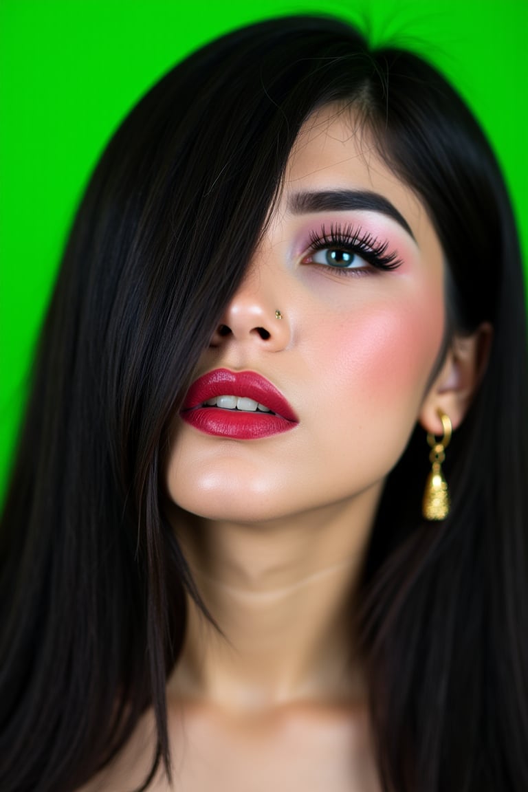  woman 25 years old, long straight hair, thick hair, detailed face, long eyelashes, detailed eyes, red cheeks, glossy skin, elegant woman, healthy skin tone, pretty and beauty woman face marks, pale snow white skin tone, blue green eyes, little light makeup, hair covering one eye, black hair, 
looking aside, 
(wearing golden accessories:1.3), 
bright saturated green background, white lighting on face, 
detailed, quality, professional camera photo, spotlight, photo session, dramatic lighting on face, 
face close-up, 