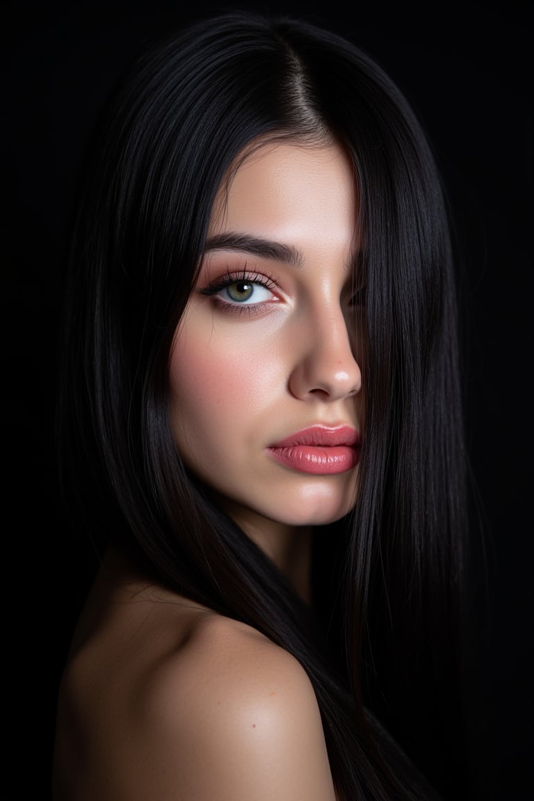  woman 25 years old, long straight hair, thick hair, detailed face, long eyelashes, detailed eyes, red cheeks, glossy skin, elegant woman, healthy skin tone, pretty and beauty woman face marks, (insane beauty woman marks:1.3), pale snow white skin tone, black hair, blue green eyes, little light makeup, hair covering one eye, 
looking aside, 
dark background, 
detailed, quality, professional camera photo, spotlight, photo session, dramatic lighting on face, 
face close-up, 