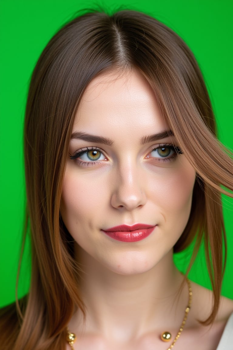  woman 25 years old, long straight hair, thick hair, detailed face, long eyelashes, detailed eyes, red cheeks, glossy skin, elegant woman, healthy skin tone, pretty and beauty woman face marks, pale snow white skin tone, blue green eyes, little light makeup, hair covering one eye, 
looking aside, 
(wearing golden accessories:1.3), 
bright green background, white lighting on face, 
detailed, quality, professional camera photo, spotlight, photo session, dramatic lighting on face, 
face close-up, 