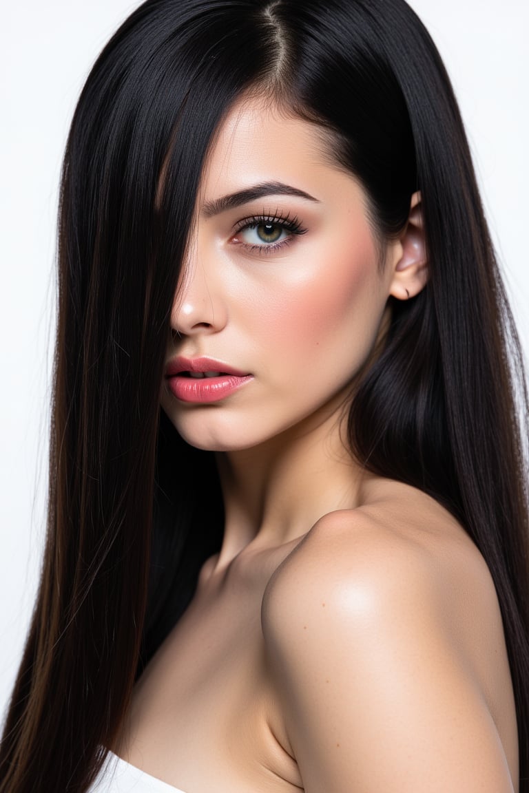  woman 25 years old, long straight hair, thick hair, detailed face, long eyelashes, detailed eyes, red cheeks, glossy skin, elegant woman, healthy skin tone, pretty and beauty woman face marks, pale snow white skin tone, blue green eyes, little light makeup, hair covering one eye, black hair, 
looking aside, 
white background, 
detailed, quality, professional camera photo, spotlight, photo session, dramatic lighting on face, 
face close-up, 