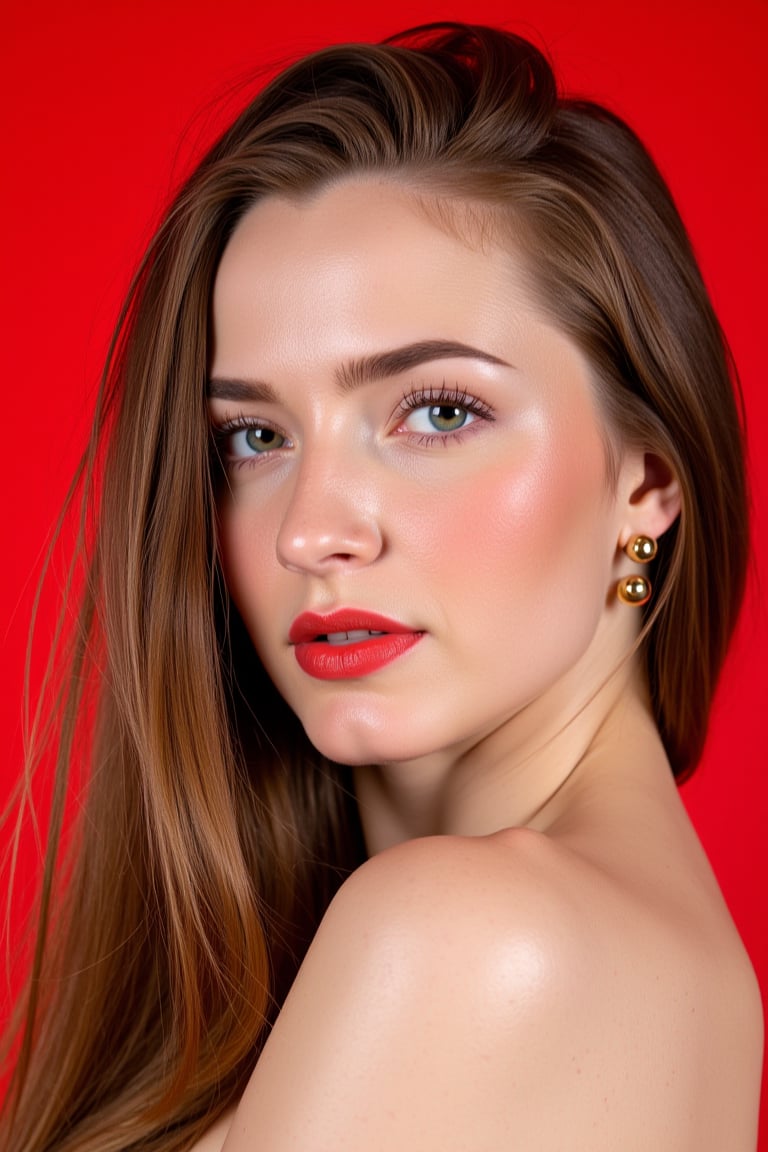  woman 25 years old, long straight hair, thick hair, detailed face, long eyelashes, detailed eyes, red cheeks, glossy skin, elegant woman, healthy skin tone, pretty and beauty woman face marks, pale snow white skin tone, blue green eyes, little light makeup, hair covering one eye, 
looking aside, 
(wearing golden accessories:1.3), 
bright red background, white lighting on face, 
detailed, quality, professional camera photo, spotlight, photo session, dramatic lighting on face, 
face close-up, 