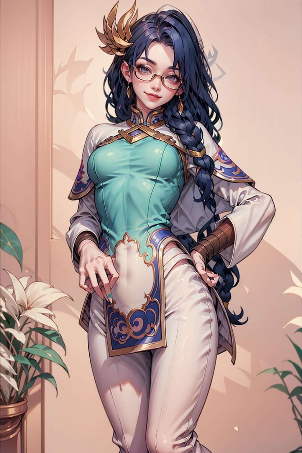 in classroom, 
,masterpiece, best quality, highres,
mlhg,1girl, 30 years old, solo, long hair, single braid,,large breast, looking at phone, smile, bangs, hair ornament, closed mouth, blue hair, (hair tied at the ends:1.2), glasses, shiny, shiny hair, official alternate costume, parted bangs, portrait,  glasses, lips, semi-rimless eyewear, under-rim eyewear, yellow-framed eyewear, red lips,white pants, aqua nails
,high heels, capelet, chinese clothes,hat,horn,nail polish,(seductive smile:1.4), 1girls,( hand behind back:1.5),handless
girl,seductive smile
sitting, opening leg,showing vagina