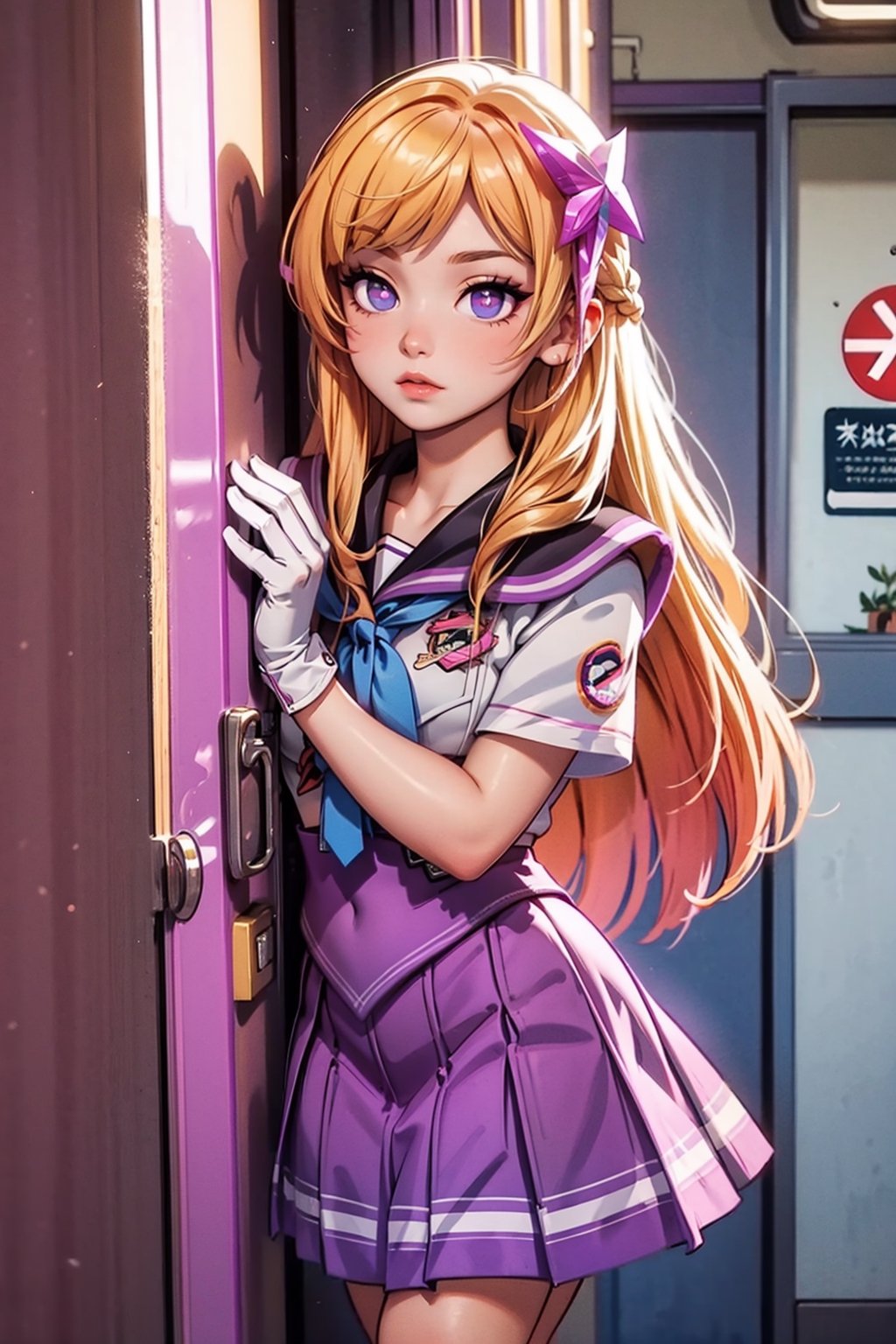  1girl, blonde hair, very long hair, teldmk, + +, nude, hair ornament, school_uniform, white gloves, purple skirt, purple_eyes,
peeking out 