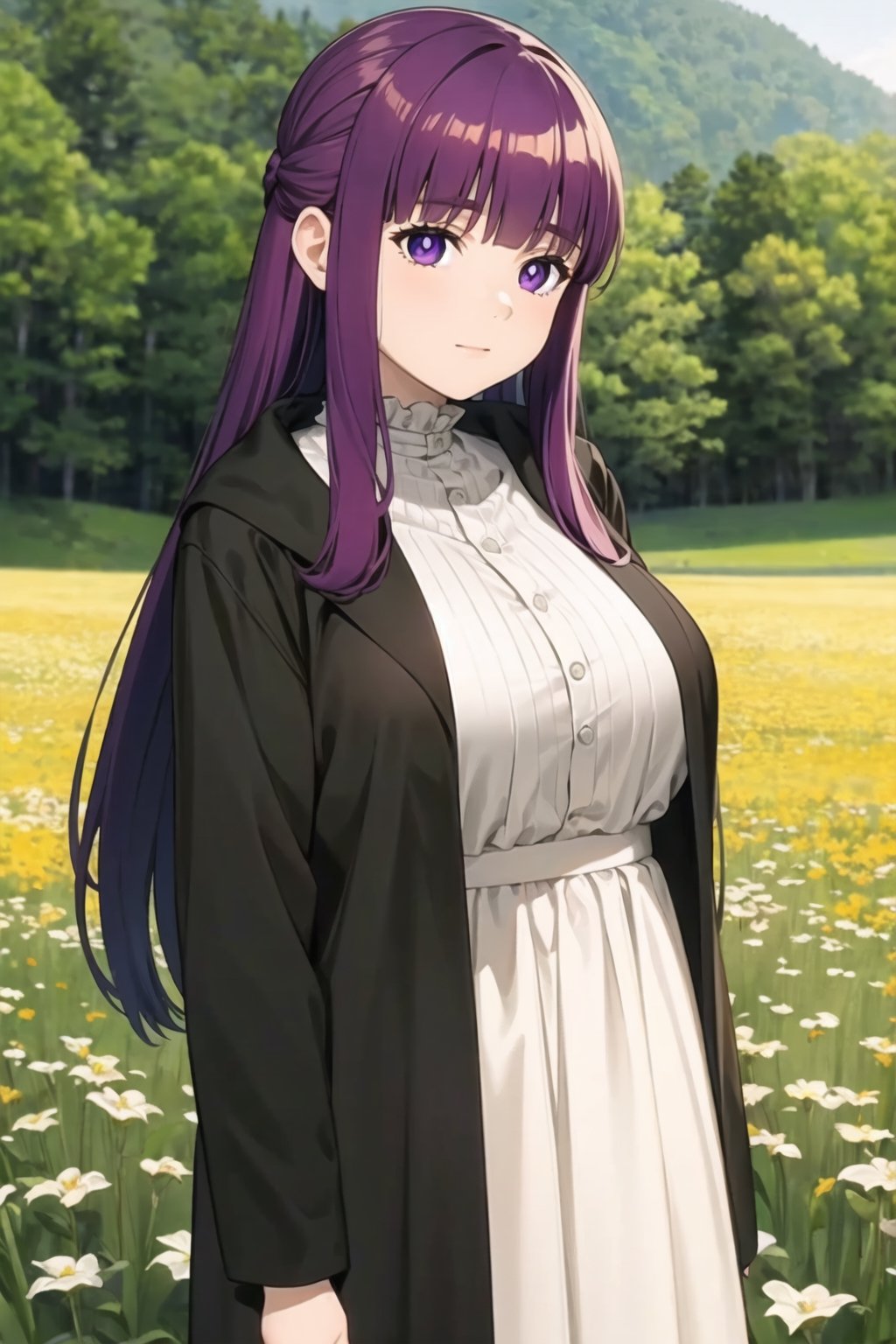 masterpiece, best quality, fern \(sousou no frieren\), large breasts, long hair, purple hair, half-updo, blunt bangs, purple eyes,cowboy shot, field,open robe, long dress, upper_body