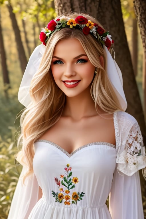 young beautiful Ukrainian woman, blonde, smiling, on her head wreath of flowers, in ethnic white dress with embroidered flowers, long voluminous sleeves, folk, Ukrainian traditional costume, full-length, trends 2024, forest background, high resolution, realistic