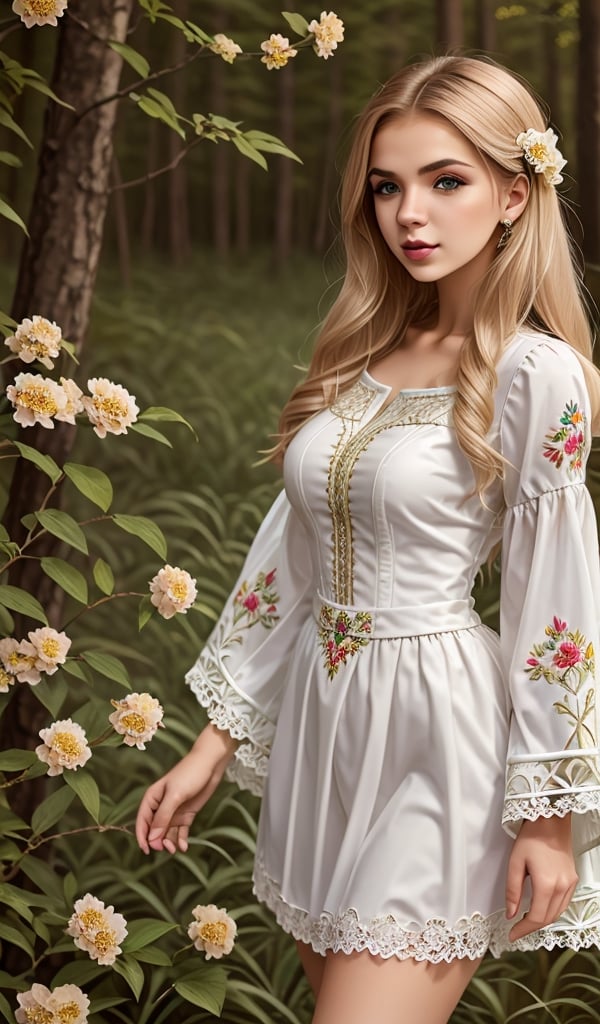 young beautiful Ukrainian woman, blonde, in ethnic white dress with embroidered flowers, long voluminous sleeves, folk, Ukrainian traditional costume, full-length, trends 2024, forest background, high resolution, realistic