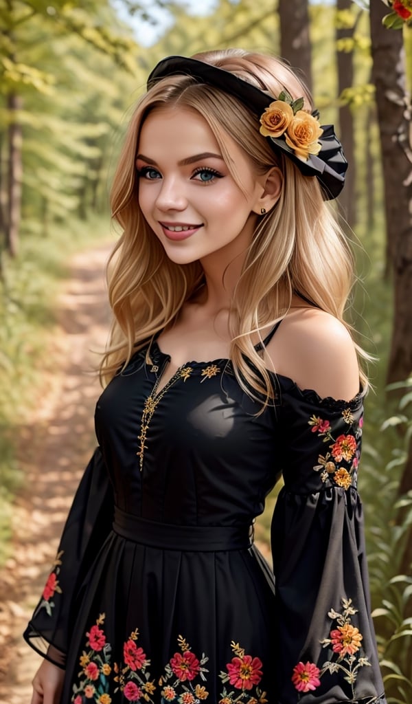 young beautiful Ukrainian woman, blonde, smiling, in ethnic black long dress with embroidered flowers, long voluminous sleeves, folk, Ukrainian traditional costume, trends 2024, sunny day, forest background, high resolution, realistic