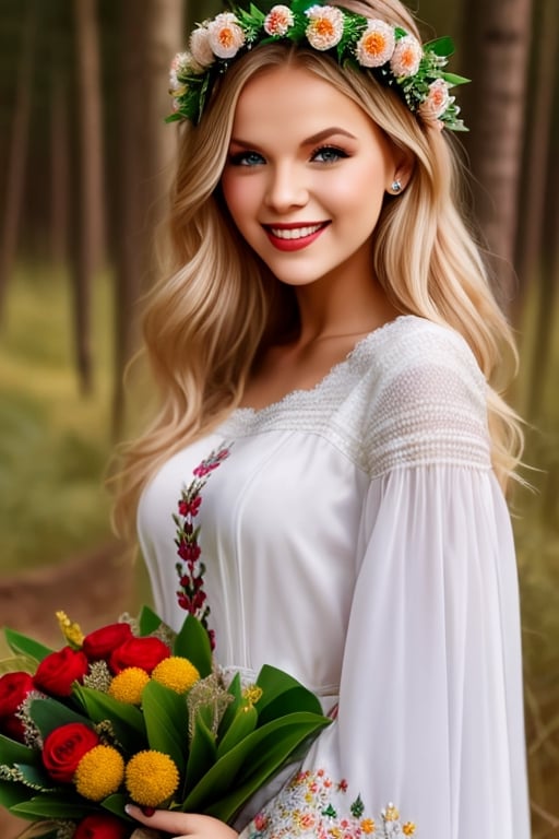 young beautiful Ukrainian woman, blonde, smiling, on her head wreath of flowers, in ethnic white dress with embroidered flowers, long voluminous sleeves, folk, Ukrainian traditional costume, full-length, trends 2024, forest background, high resolution, realistic