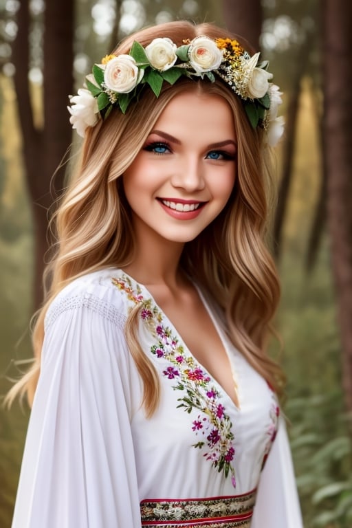 young beautiful Ukrainian woman, blonde, smiling, on her head wreath of flowers, in ethnic white dress with embroidered flowers, long voluminous sleeves, folk, Ukrainian traditional costume, full-length, trends 2024, forest background, high resolution, realistic