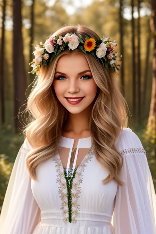 young beautiful Ukrainian woman, blonde, smiling, on her head wreath of flowers, in ethnic white dress with embroidered flowers, long voluminous sleeves, folk, Ukrainian traditional costume, full-length, trends 2024, forest background, high resolution, realistic