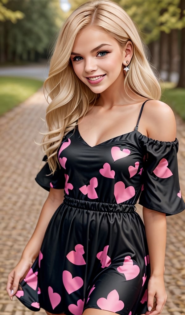 Beautiful young woman, blonde, smiling, (black dress with hearts print), park, realistic