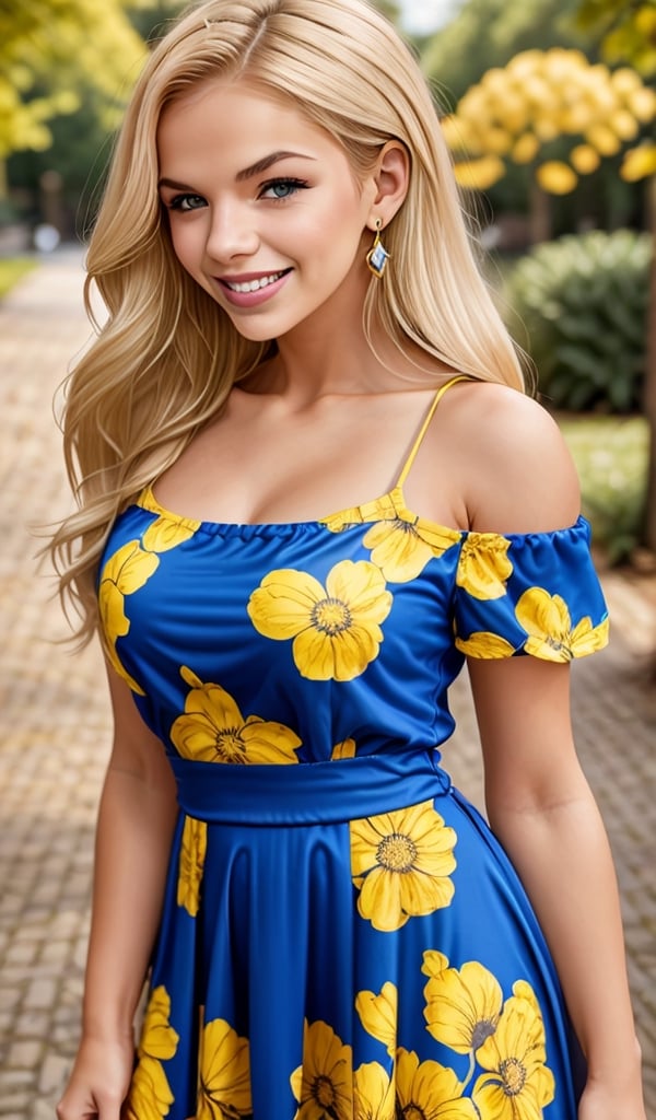 Beautiful young woman, blonde, smiling, (blue dress with yellow print), park, realistic