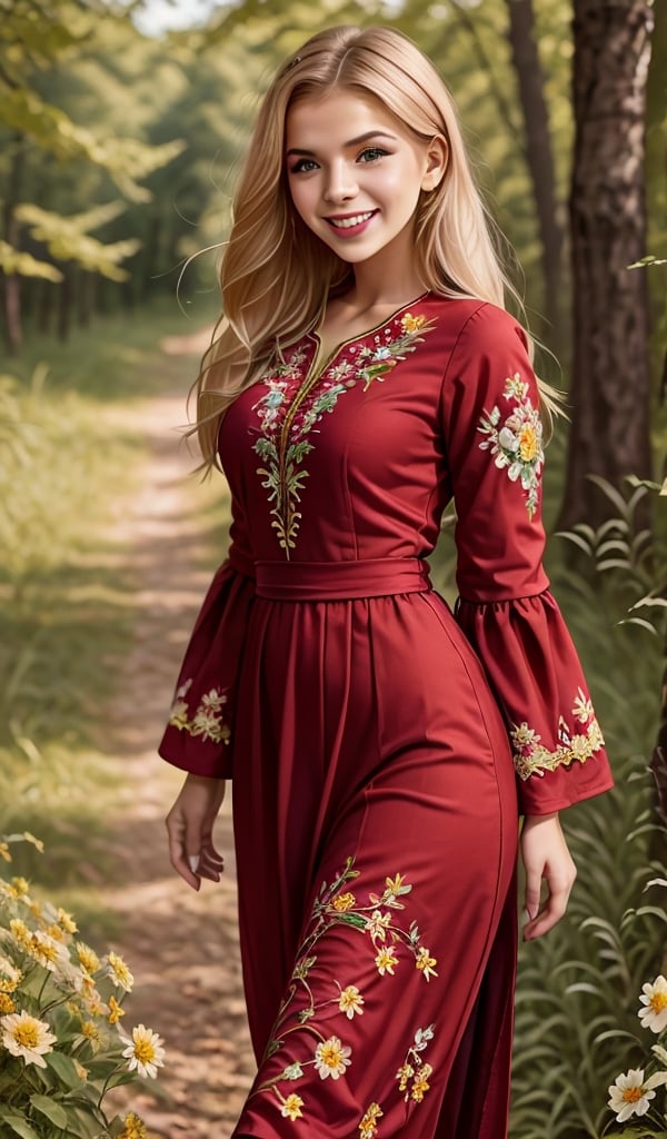 young beautiful Ukrainian woman, blonde, smiling, in ethnic red long dress with embroidered flowers, long voluminous sleeves, folk, Ukrainian traditional costume, trends 2024, sunny day, forest background, high resolution, realistic