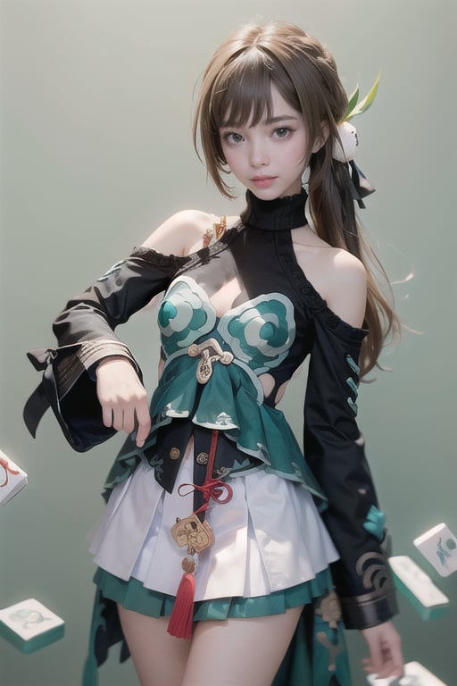 masterpiece, best quality, ,1girl,qingque,,brown hair,long hair,green eyes,hair ornament, hairclip,long sleeves,bare shoulders,clothing cutout,shoulder cutout, dress,skirt,tassel,mahjong,mahjong tile, simple background,blunt bangs .skirt lift. panty pull.