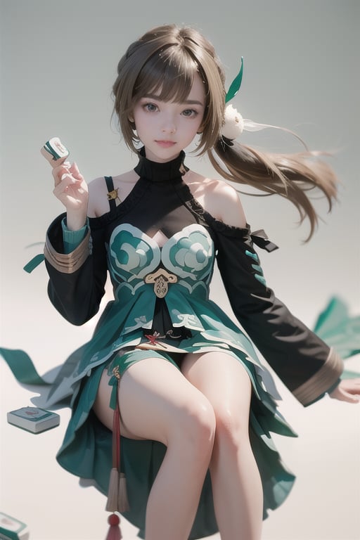 masterpiece, best quality, ,1girl,qingque,,brown hair,long hair,green eyes,hair ornament, hairclip,long sleeves,bare shoulders,clothing cutout,shoulder cutout, dress,skirt,tassel,mahjong,mahjong tile, simple background,blunt bangs .skirt lift. panty pull.