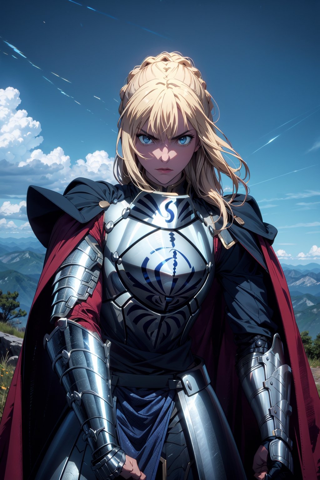 An woman, (1 woman), long hair,, bread:1.3, bangs, (look at the horizon), blue eyes, perfect eyes, platinum armor, lower body knight armor, shoulder_cape, (platinum gauntlet), strong physique, slim muscular body, bodybuild, detailed armor, masterpiece, best quality, high detailed, ultra-detailed, (medium portrait), ((slim muscular body)), ((castle on a mountain)), best illustrated,worldoffire ,saber_fatestaynightufotable, With his sword, (Excalibur), ((Sword in Hand)),