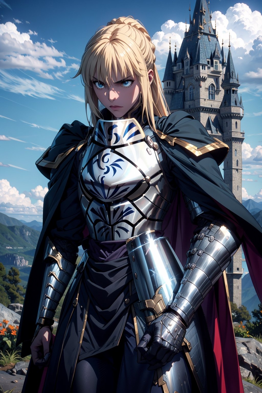 An woman, (1 woman), long hair,, bread:1.3, bangs, (look at the horizon), blue eyes, perfect eyes, platinum armor, lower body knight armor, shoulder_cape, (platinum gauntlet), strong physique, slim muscular body, bodybuild, detailed armor, masterpiece, best quality, high detailed, ultra-detailed, (medium portrait), ((slim muscular body)), ((castle on a mountain)), best illustrated,worldoffire ,saber_fatestaynightufotable, With his sword, Excalibur, Sword in Hand,