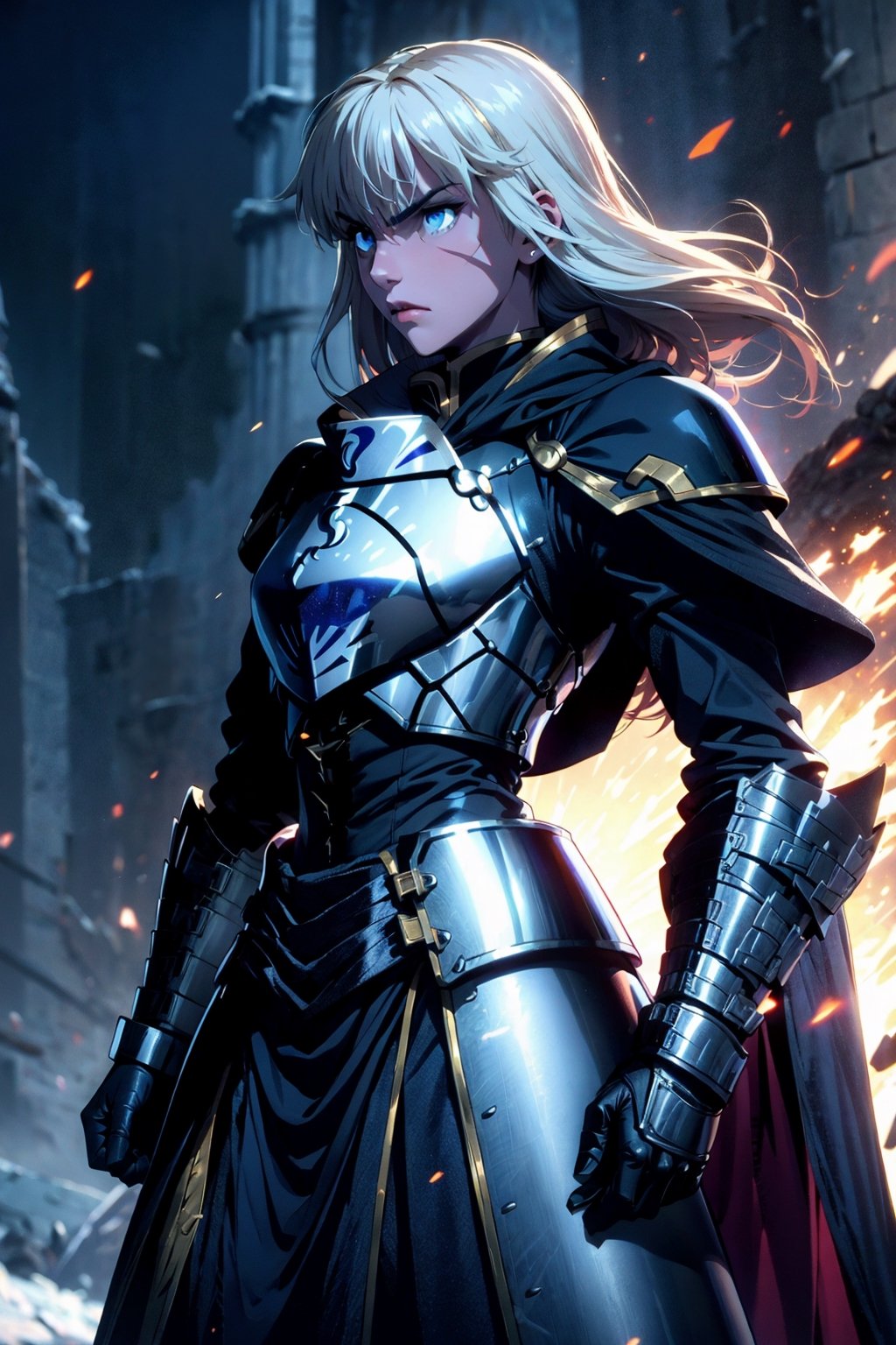 An woman, (1 woman), long hair,, bread:1.3, bangs, (serious look), anger, blue eyes, perfect eyes, platinum armor, lower body knight armor, shoulder_cape, (platinum gauntlet), strong physique, slim muscular body, bodybuild, detailed armor, masterpiece, best quality, high detailed, ultra-detailed, (medium portrait), ((slim muscular body)), ((castle on a mountain)), best illustrated,worldoffire ,saber_fatestaynightufotable, Fight pose, on Guard