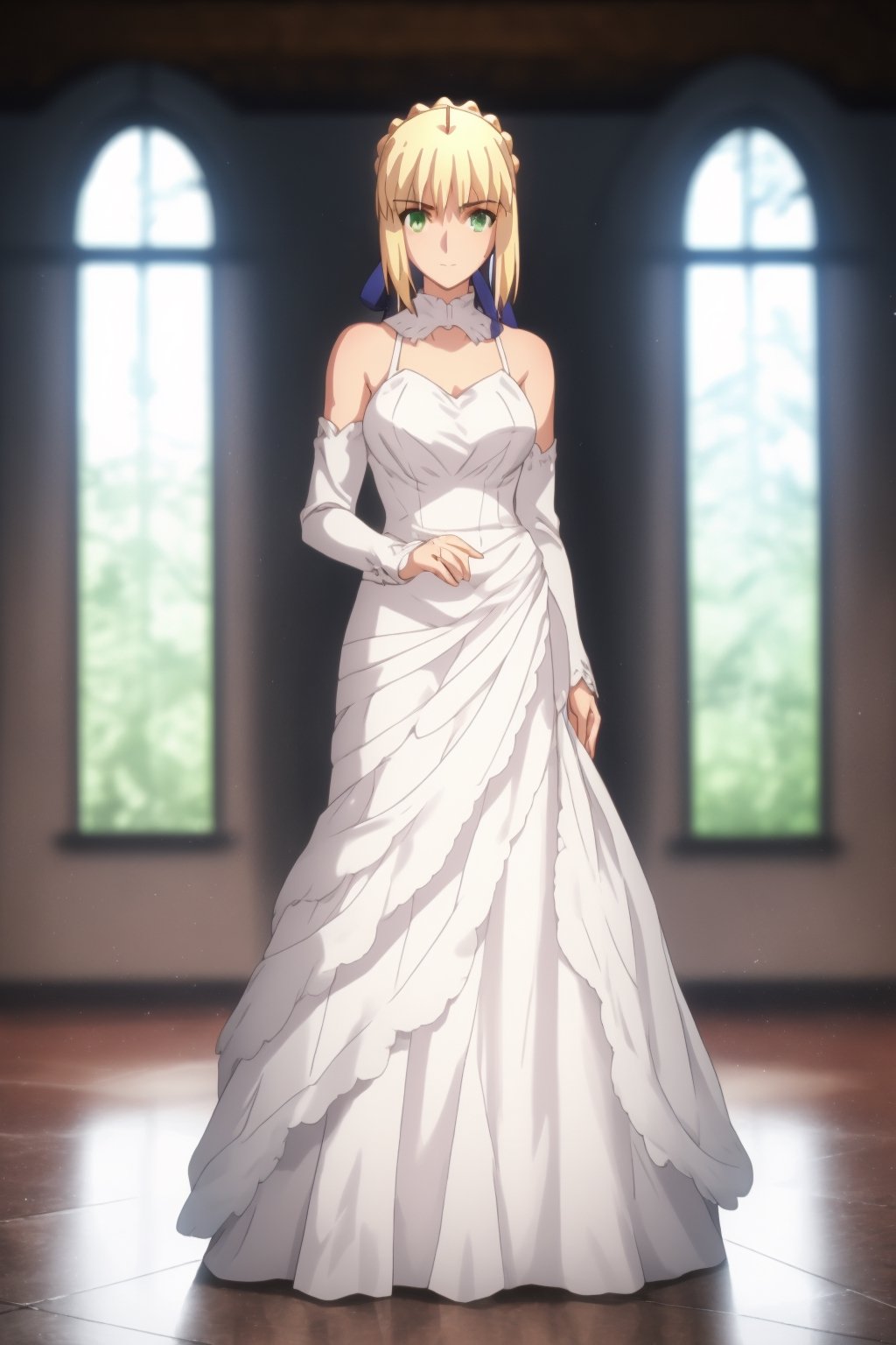 Women, blonde, Green eyes, white_skin, beautiful face, beautiful hair, Saber_From_Fate_Series, Saber, Artoria Pendragon, Room background, looking_at_viewer, full body, wearing dress, dress_from_artoria, beauty, beautiful, perfect face, perfect body, perfect hair, 4KHD, (Perfect resolution)), elegant face, 