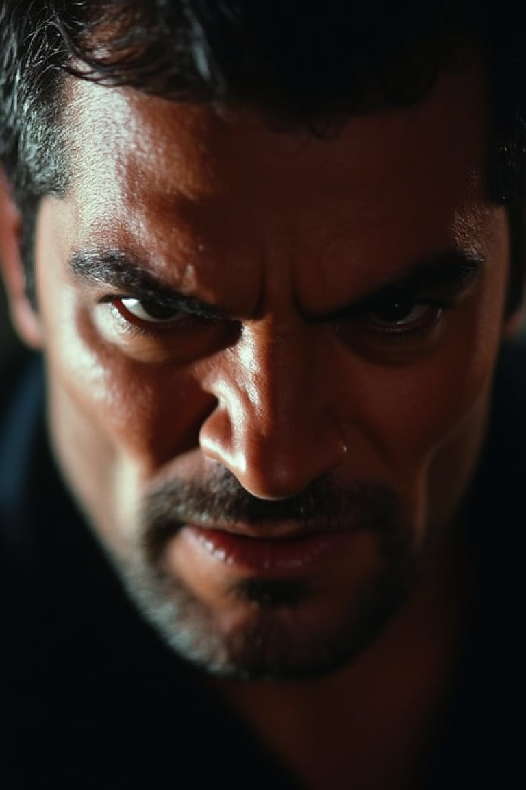 A close-up shot of a man with a fierce, angry expression, his eyes glaring directly into the upper camera. The lighting is harsh, casting strong shadows across his face, emphasizing his intense gaze. The composition is tight, focusing on his piercing eyes and furrowed brows, with the background slightly blurred to keep the focus on his expression.